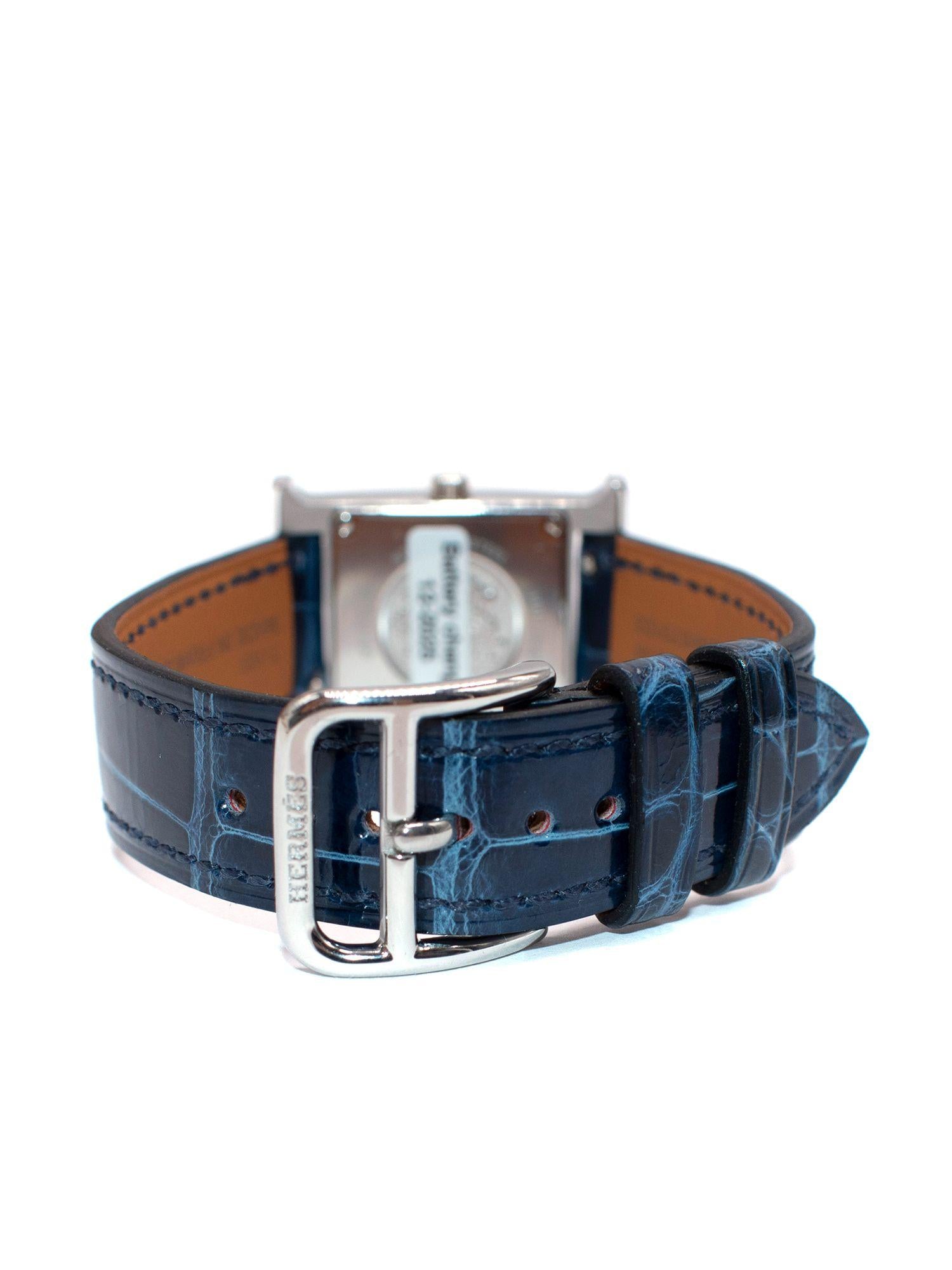 Hermes Navy Alligator Diamond Heure H 21mm Watch With Palladium Hardware