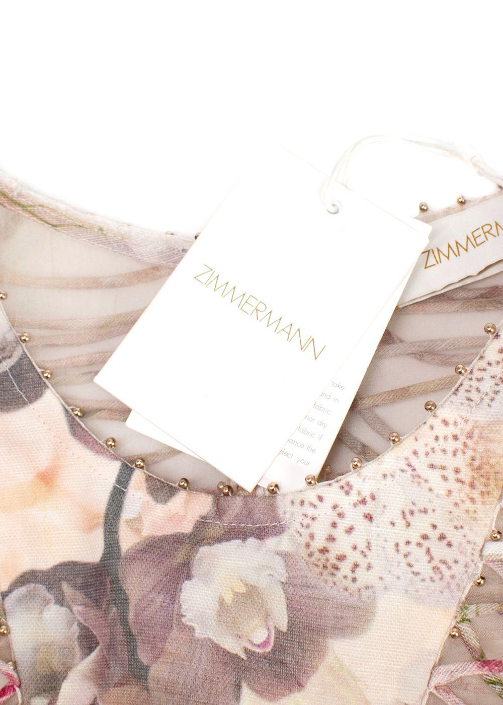 Zimmermann Dancer Ruffled Bead-Embellished Floral-Print Linen And Silk-Blend Organza Mini Dress