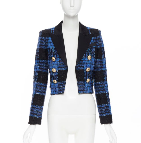 Balmain Blue & Black Check Crop Tailored Jacket