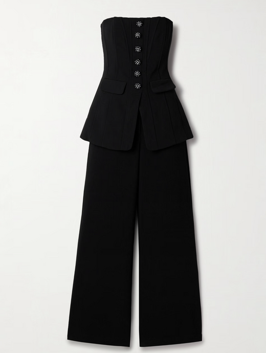 Self Portrait Convertible Strapless Crystal-Embellished Peplum Crepe Jumpsuit