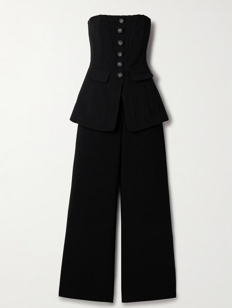 Self Portrait Convertible Strapless Crystal-Embellished Peplum Crepe Jumpsuit