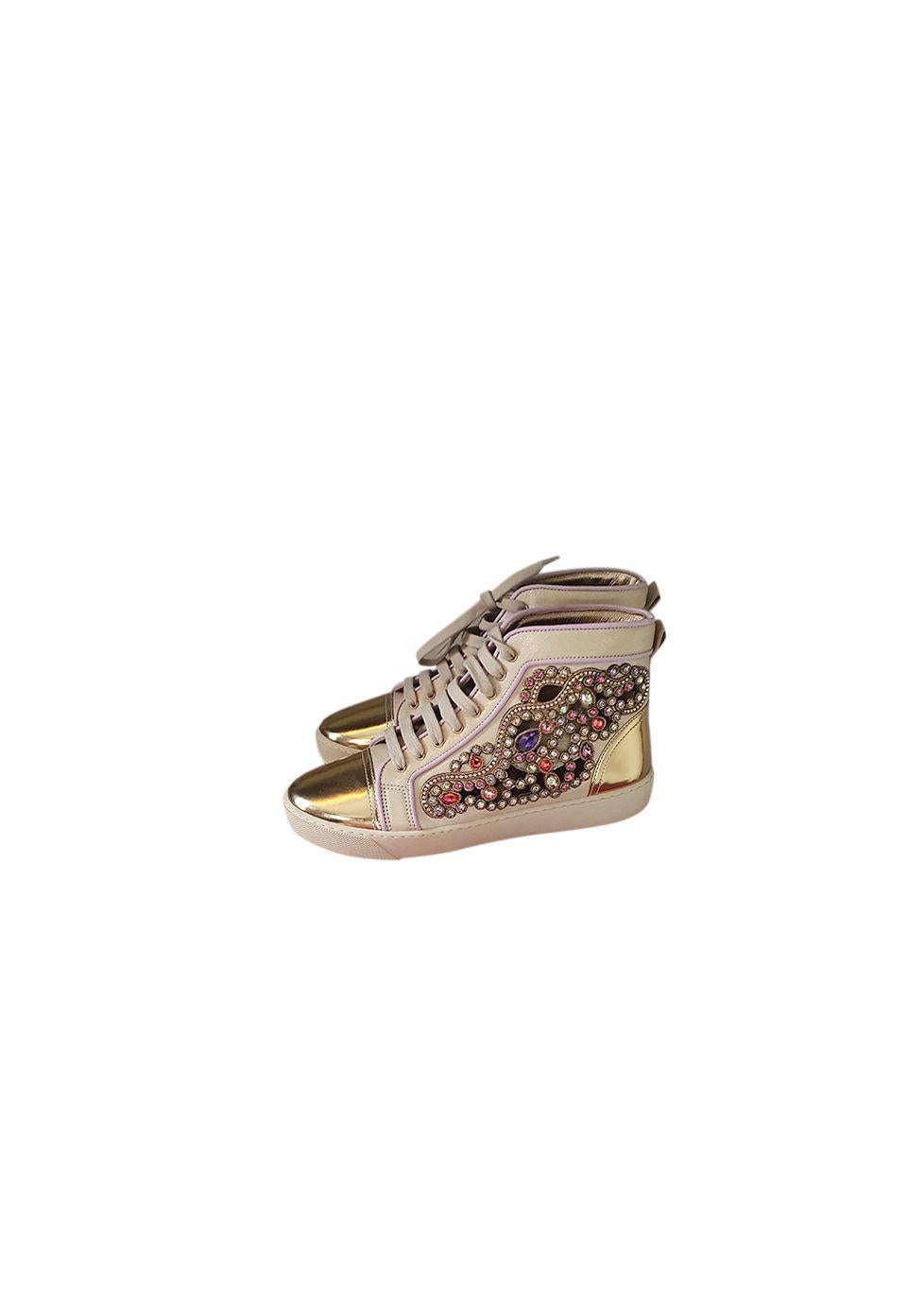 Metallic gold leather & crystal cut-out trainers