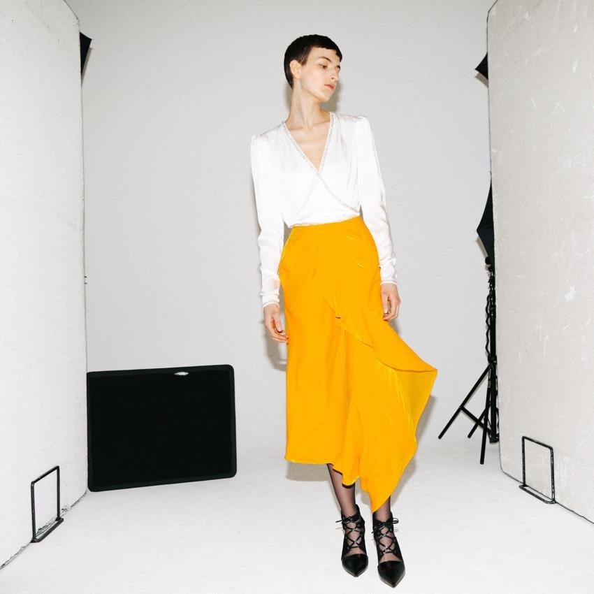 Self Portrait Yellow Velvet Ruffle Midi Skirt