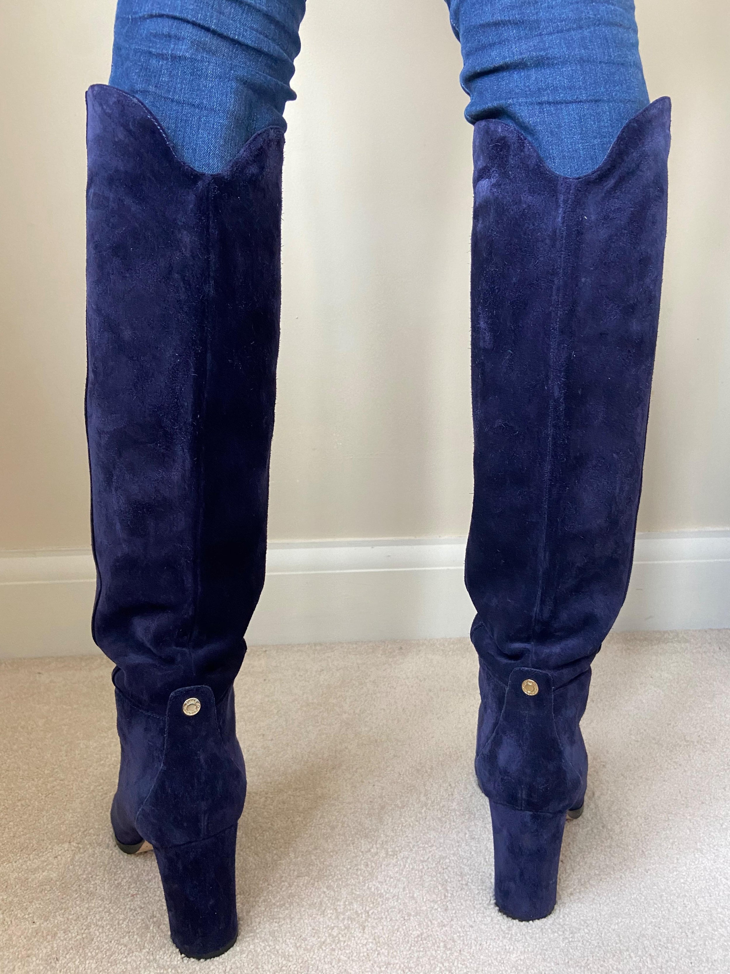 Navy Blue Suede Madalie Long Heeled Boots