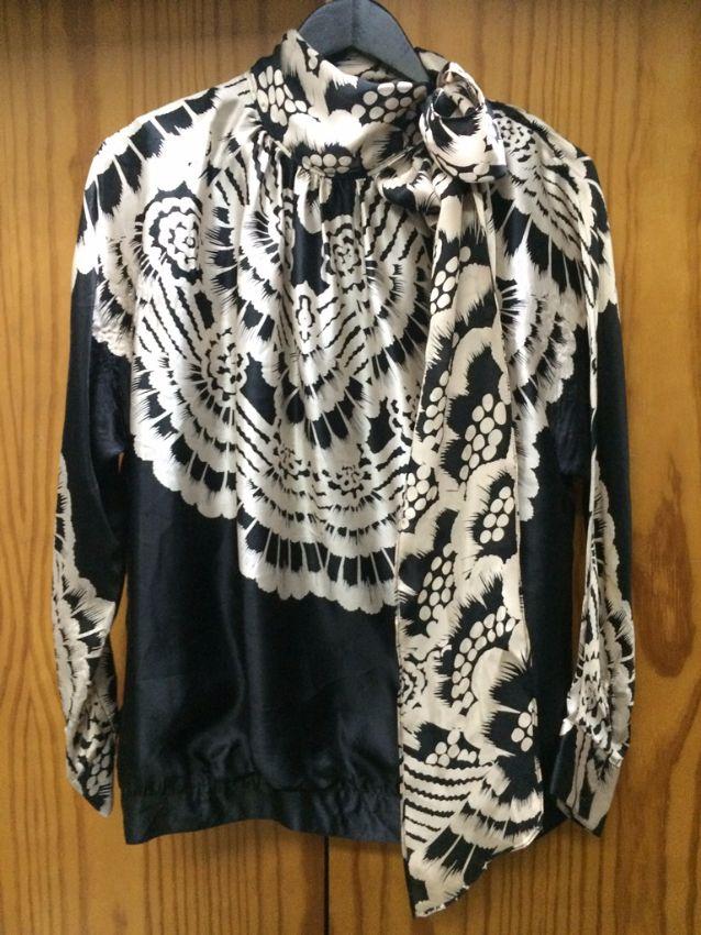 PAUL & JOE Black Cream Floral Print Silk Bow Tie Blouse