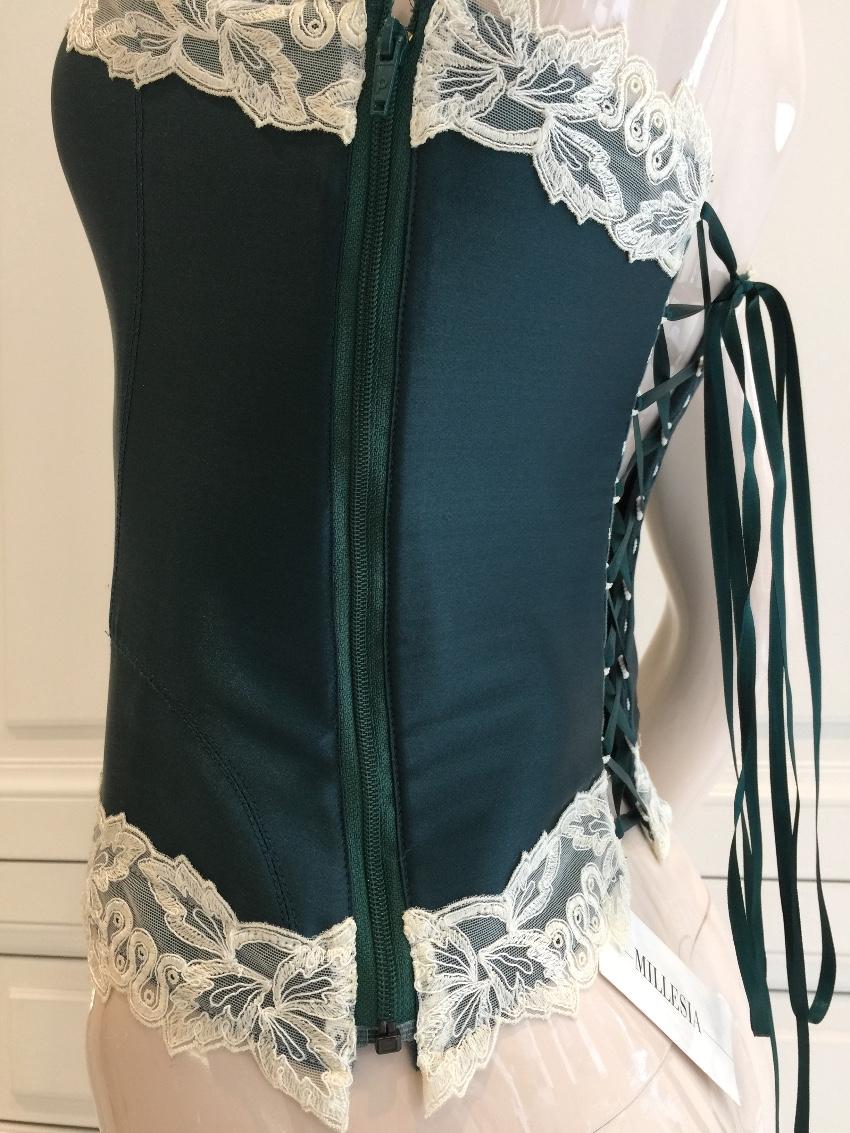 Millesia Couture Forest Green Silk & Calais Leavers Lace Corset