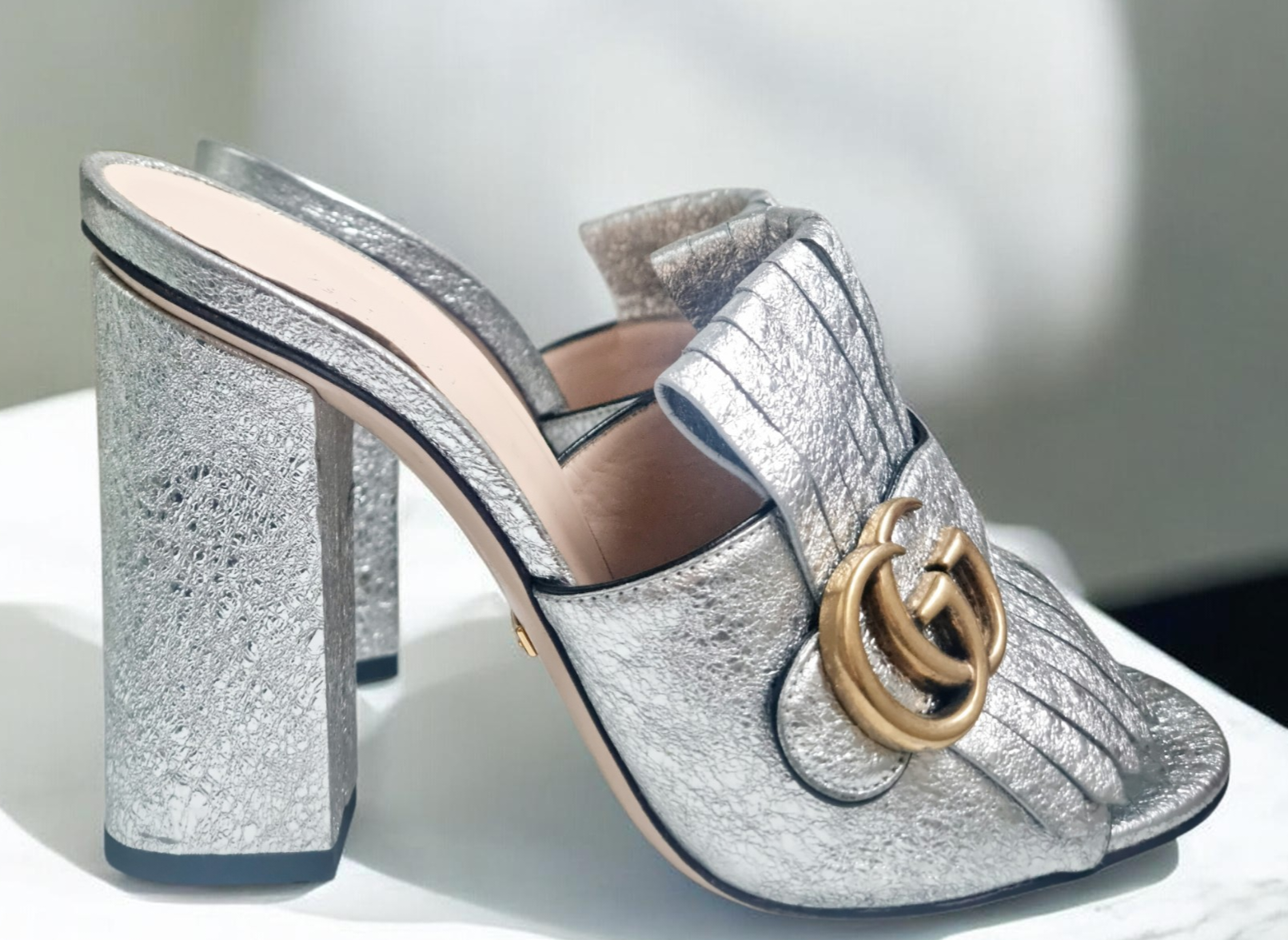 Gucci Silver Heeled Mules