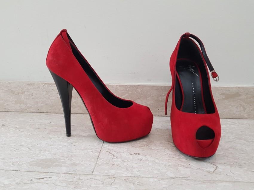 Giuseppe Zanotti red suede open toe ankle strap pumps