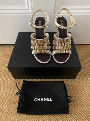 Chanel Tweed Chain Embellished Heeled Sandals