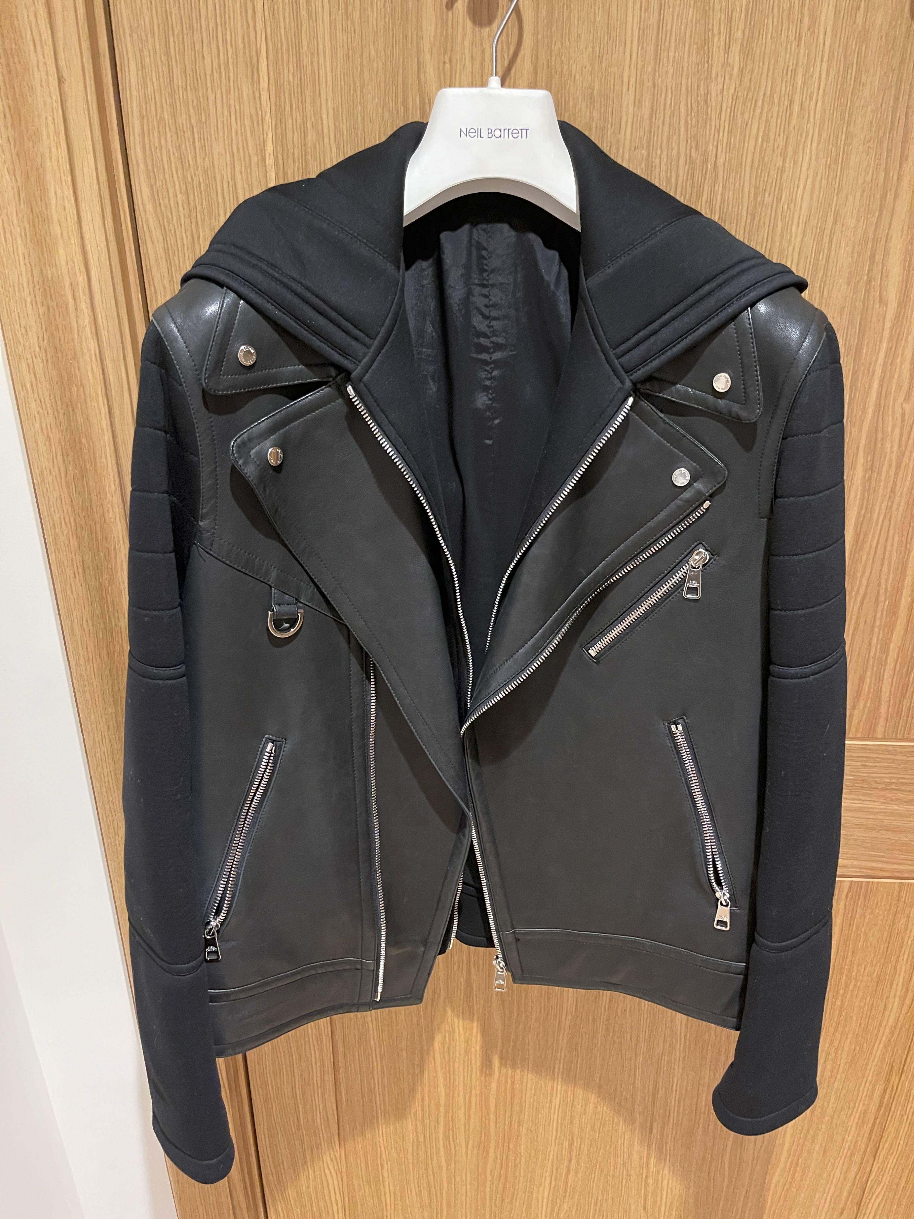 leather & neoprene hooded biker jacket