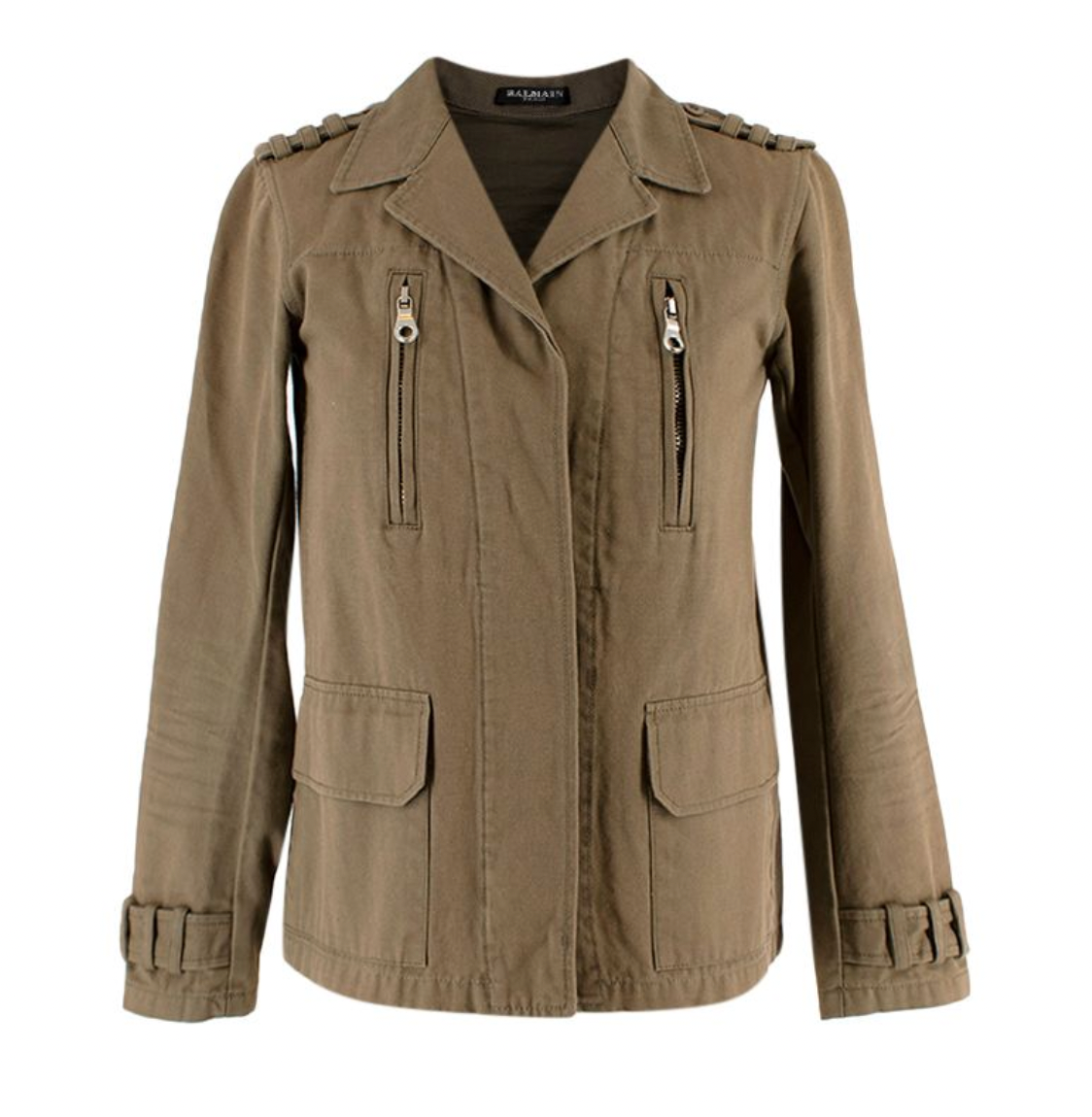 Balmain Khaki Embellished Cotton Military Jacket