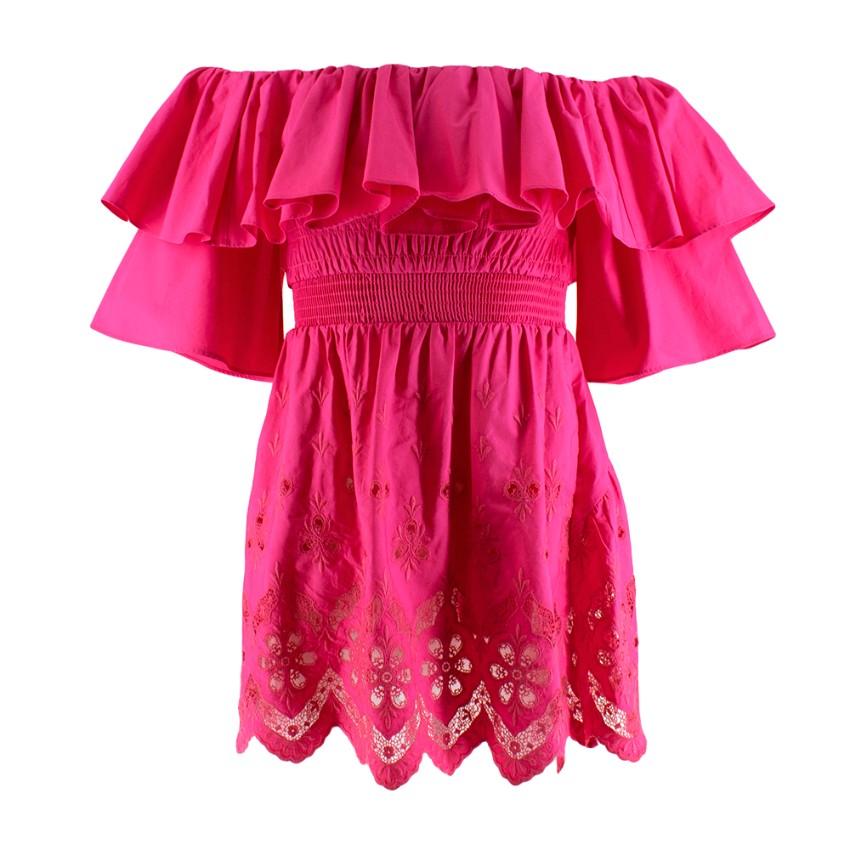 Self Portrait Fuchsia Embroidered Ruffle Off Shoulder Top
