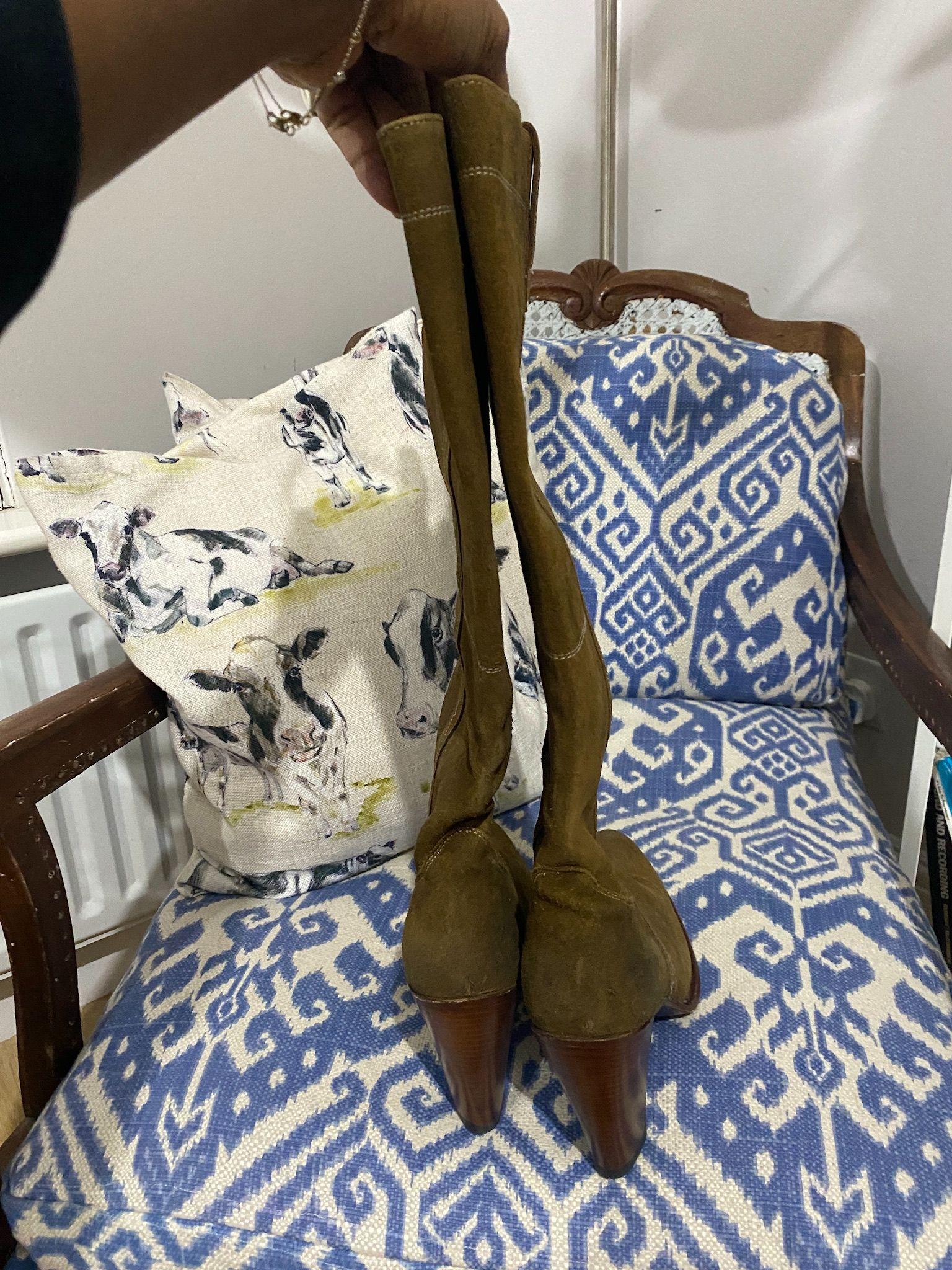 Khaki Suede Embroidered Knee Boots