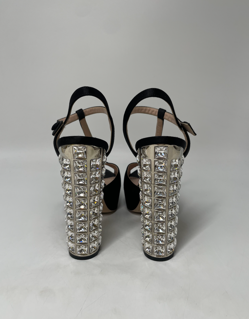 Miu Miu Crystal Embellished Heeled Satin Sandals
