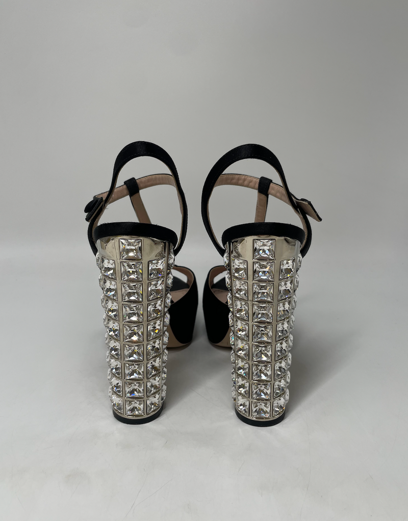 Miu Miu Crystal Embellished Heeled Satin Sandals