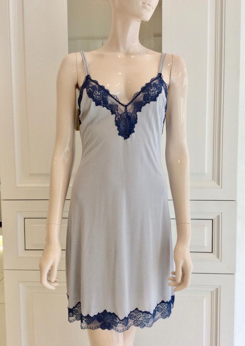 Cotton Club Soft Grey & Blue Leavers Lace Lounge Dress