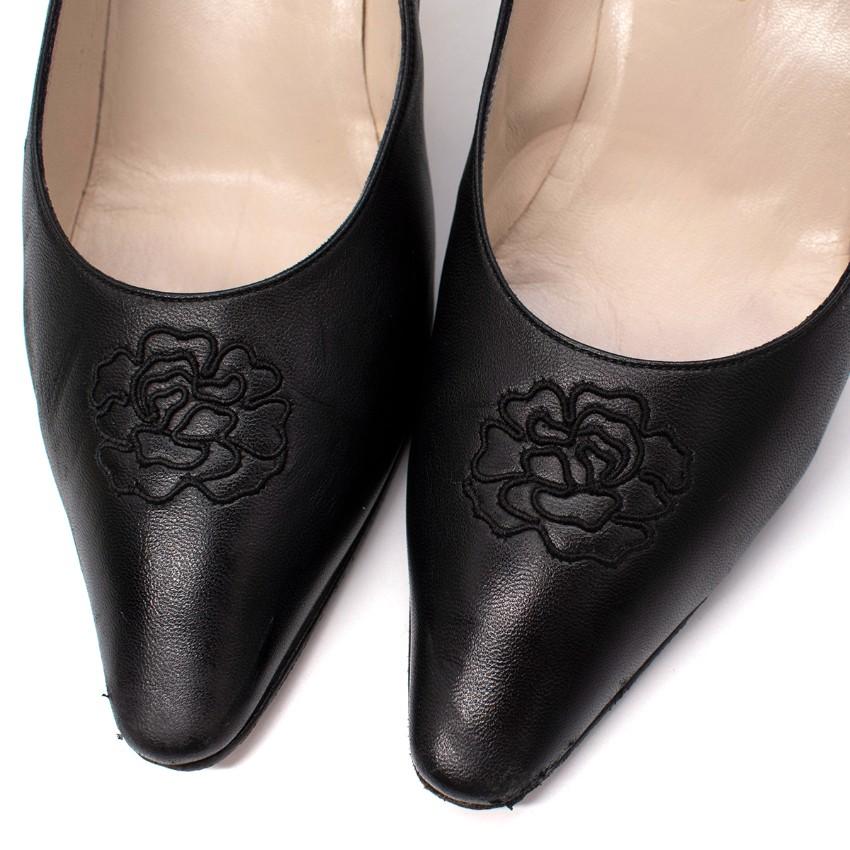 Chanel Black Leather Camellia Embroidered Vintage Pumps