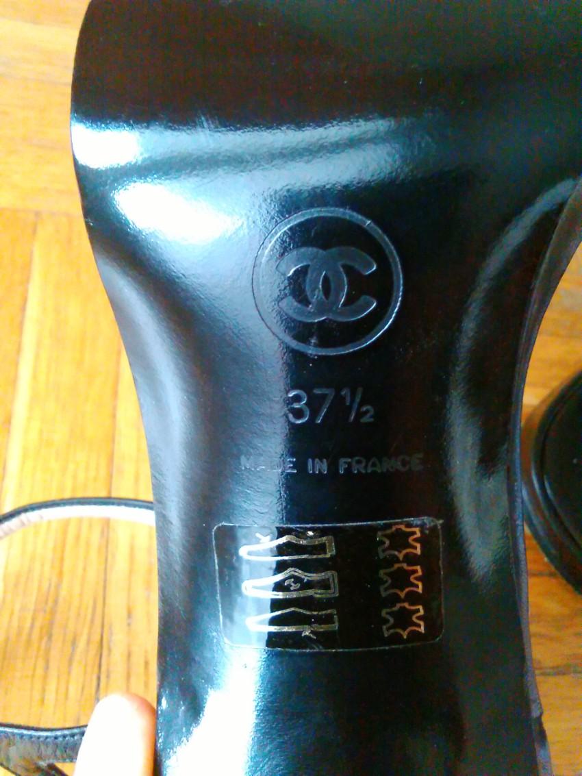 Chanel Black Leather Logo Plate Block Heel Sandals
