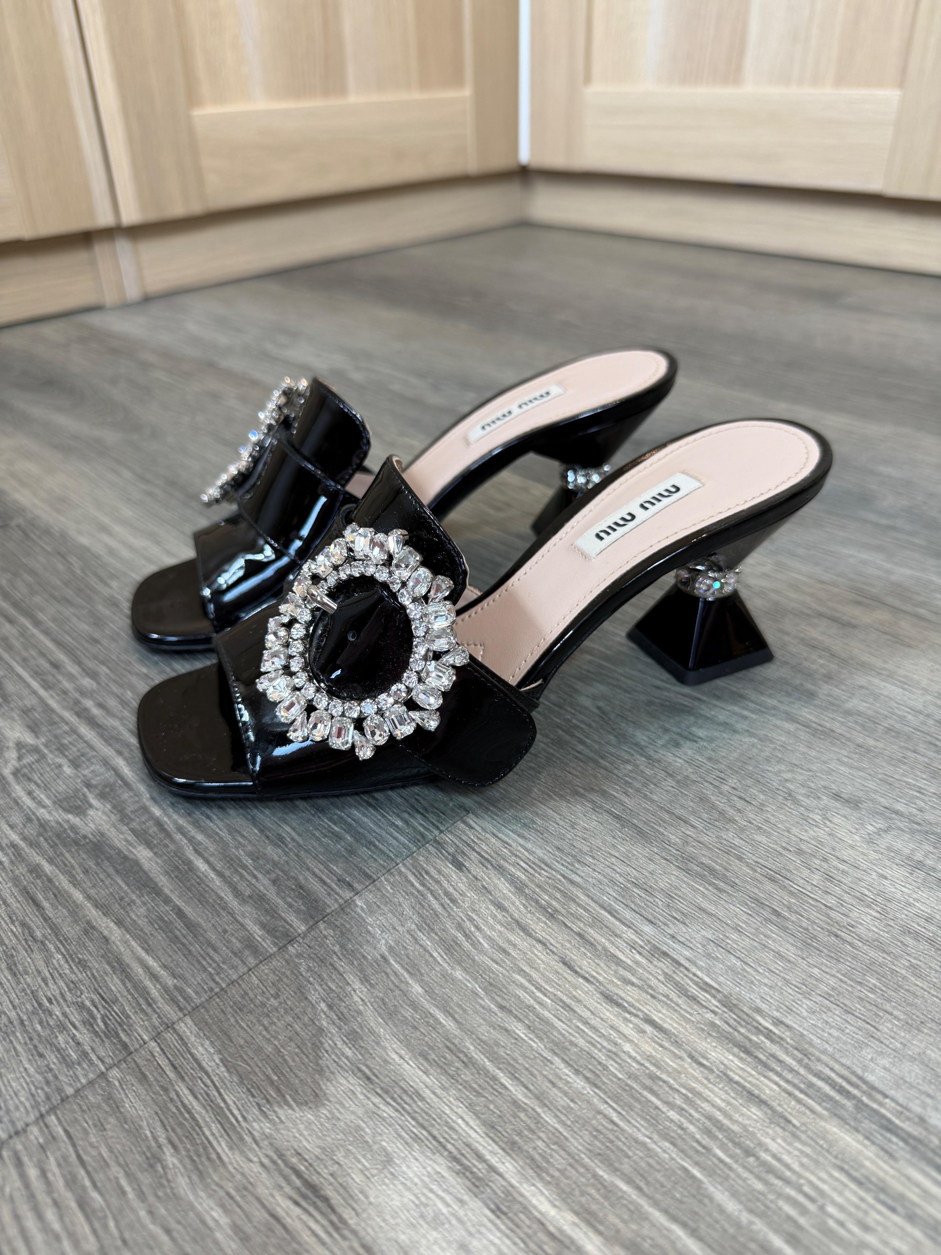 Miu Miu Crystal Embellished Black Mules