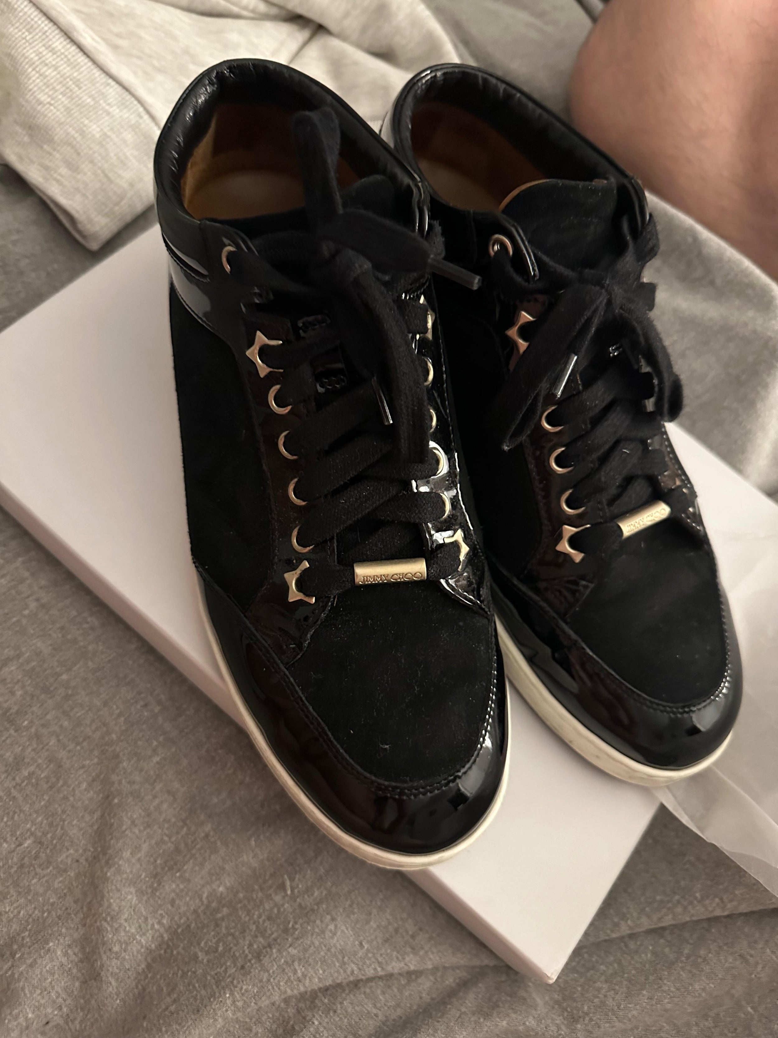 Jimmy Choo Black Suede and Patent Leather Miami Trainers