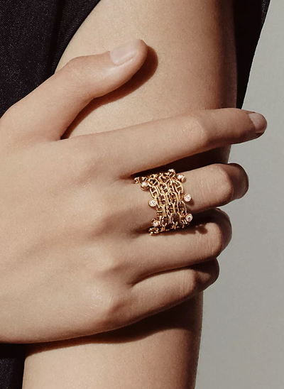 Hermés Yellow Gold Chaine D'Ancre Calypso Ring Set with Diamonds Size 53