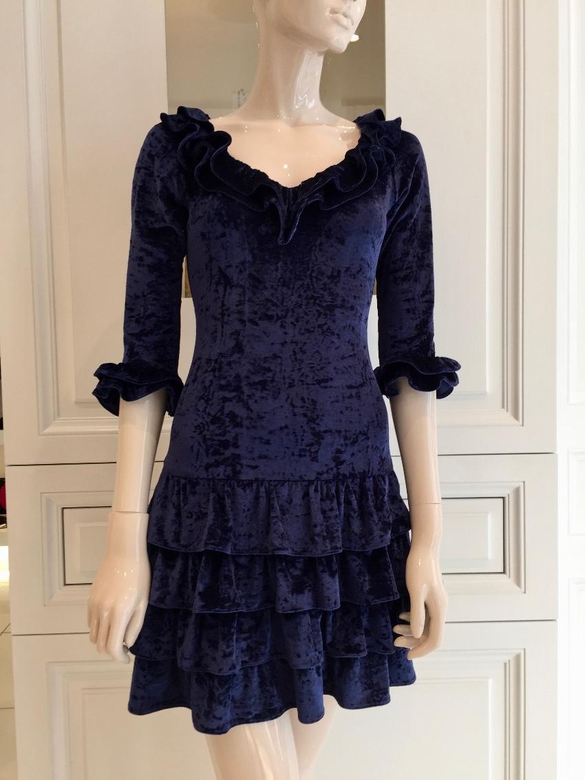 French Couture Navy Blue Panne Velvet Dress
