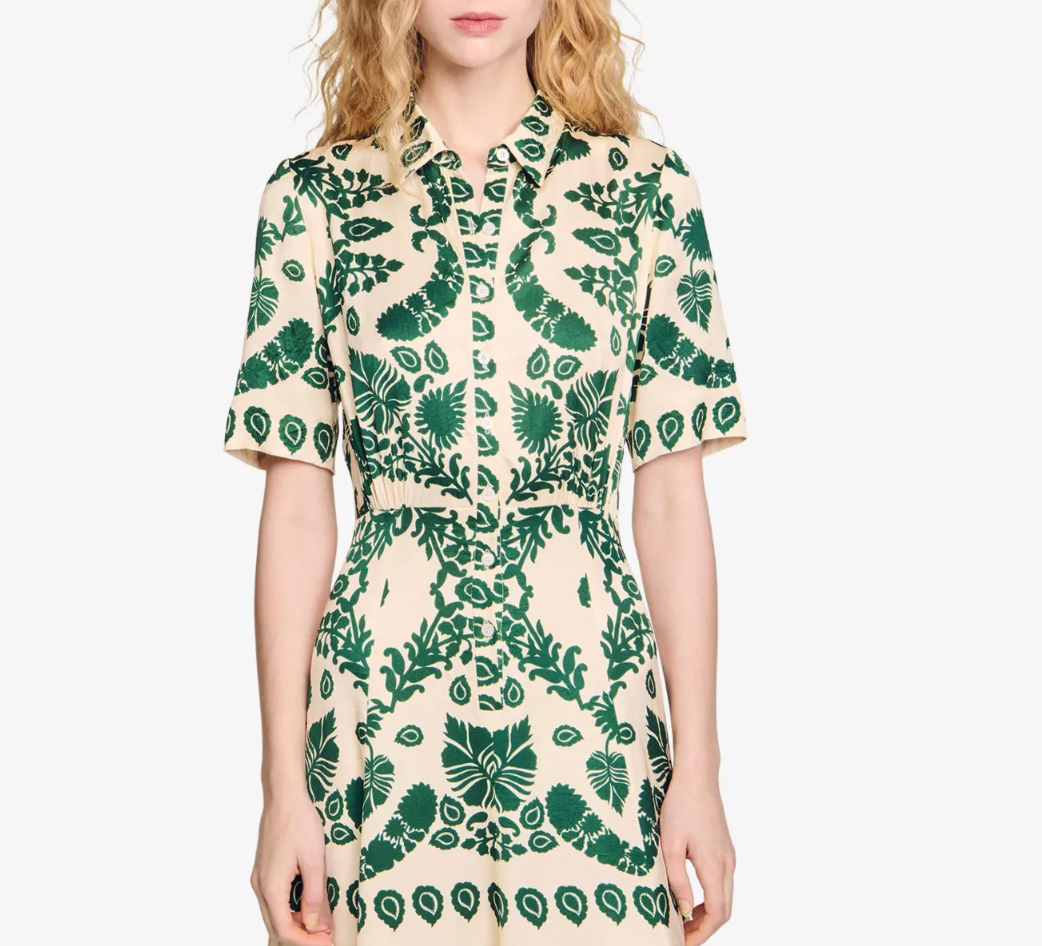 Sandro Floral-Print Collared Satin Midi Dress
