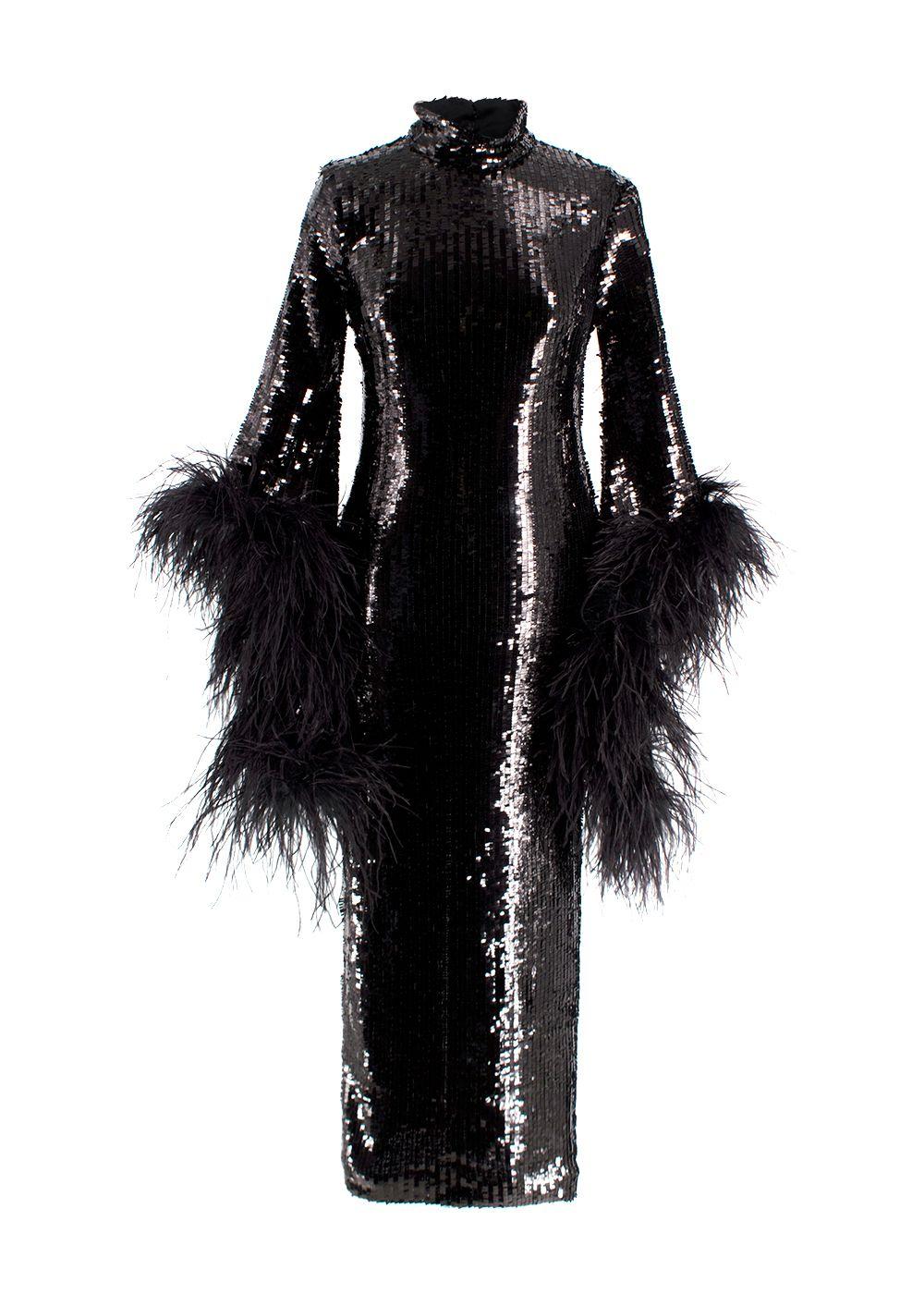 Taller Marmo Black Sequin Gown with Feather Trim