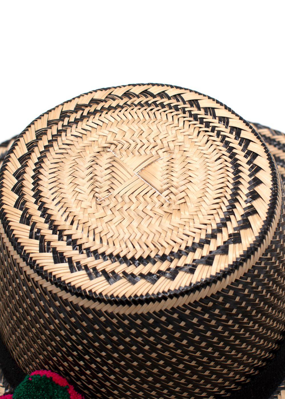 Yosuzi Striped Pom Pom Straw Fedora Hat