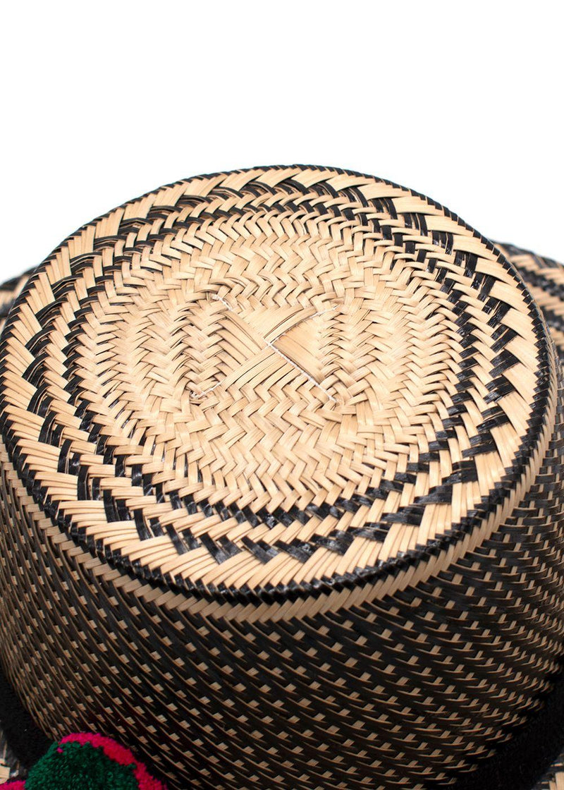 Yosuzi Striped Pom Pom Straw Fedora Hat