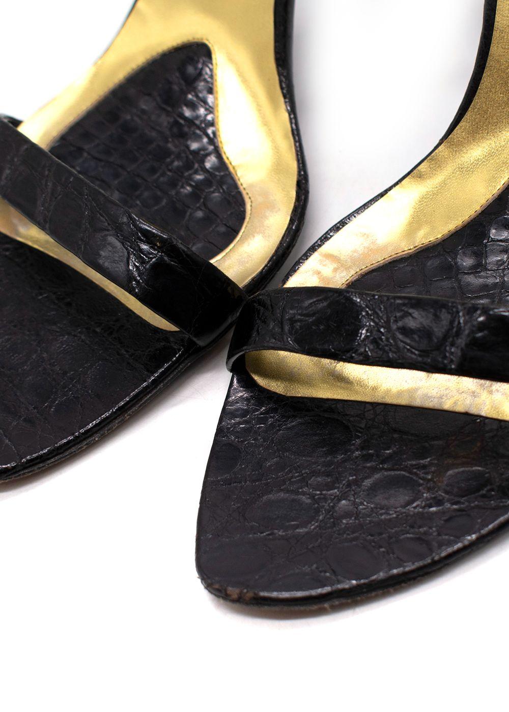 Bottega Veneta Black Croc Embossed Ankle Strap Sandals