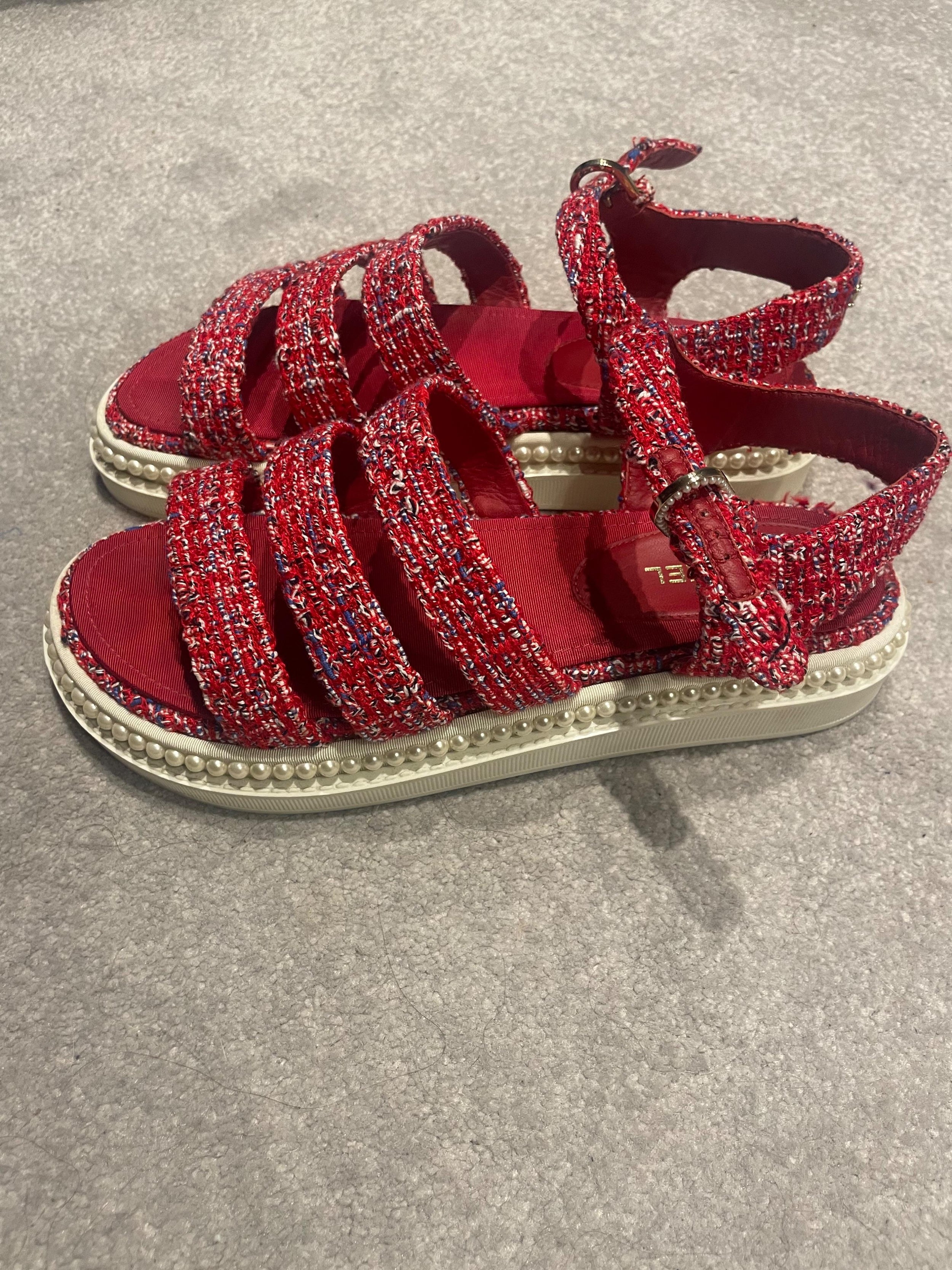 Chanel Red Tweed and Pearl Dad Sandals