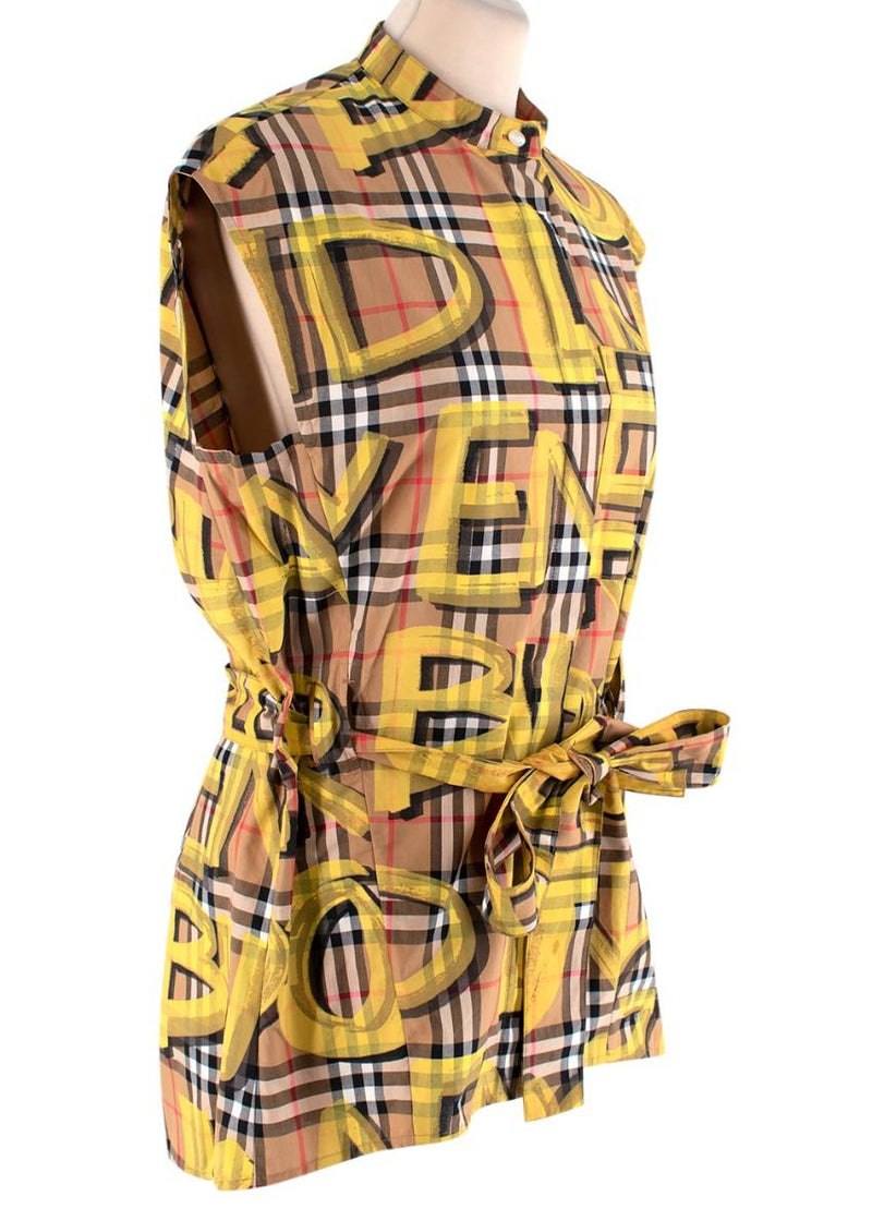 Burberry Yellow Sleeveless Graffiti Print Check Cotton Shirt