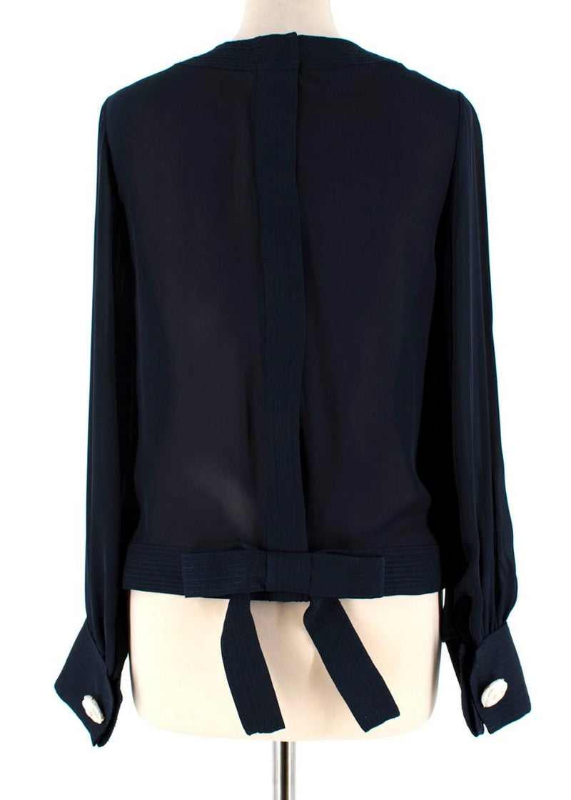 Oscar de la Renta Navy Blue Blouse with Large Rose Button Cuffs
