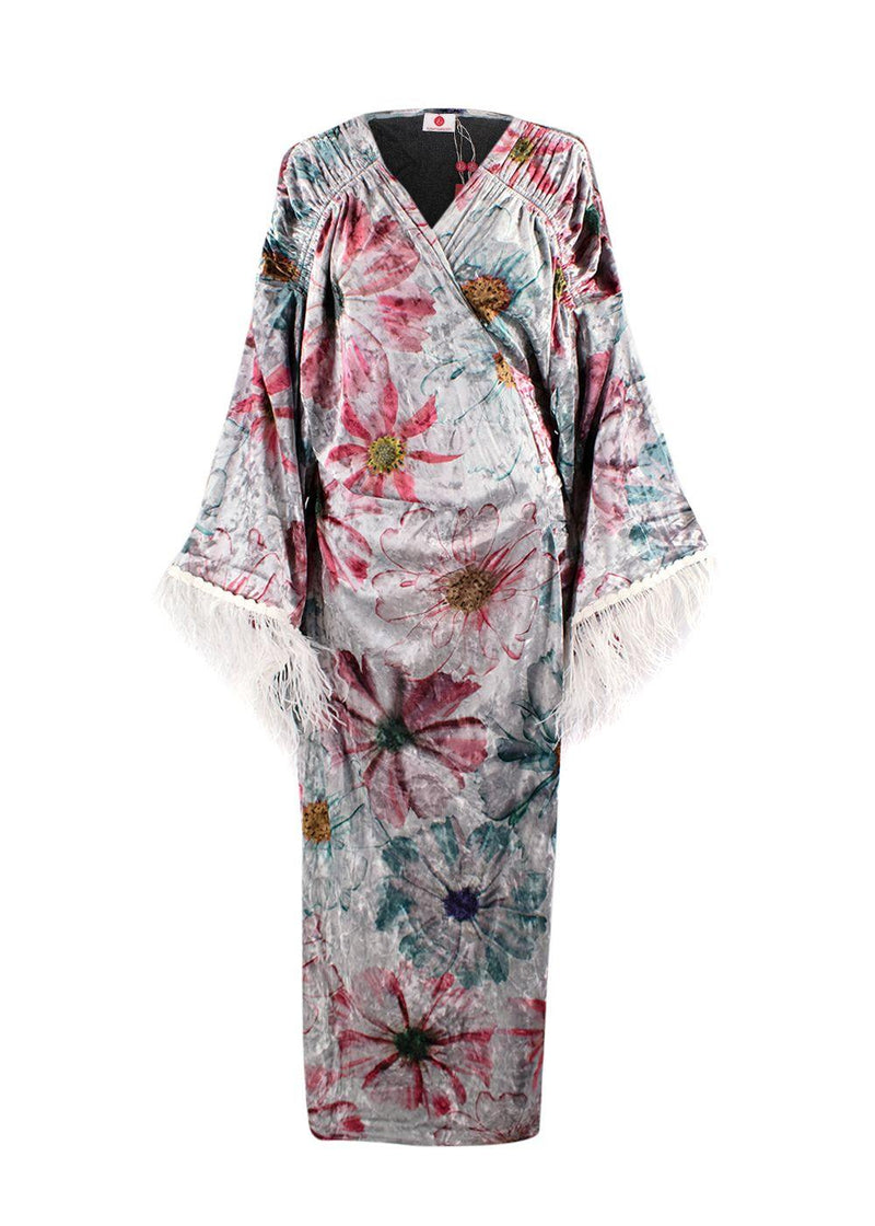 Elegant Embroidery Floral Silver Crushed Velvet Wrap Kaftan with Feather Trim