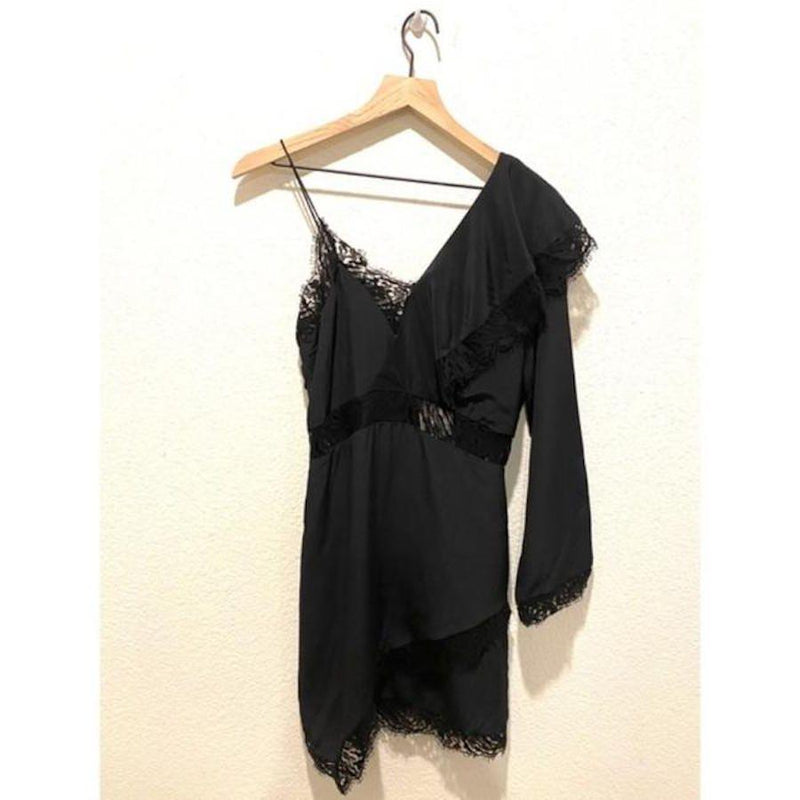 Black silk & lace one shoulder dress