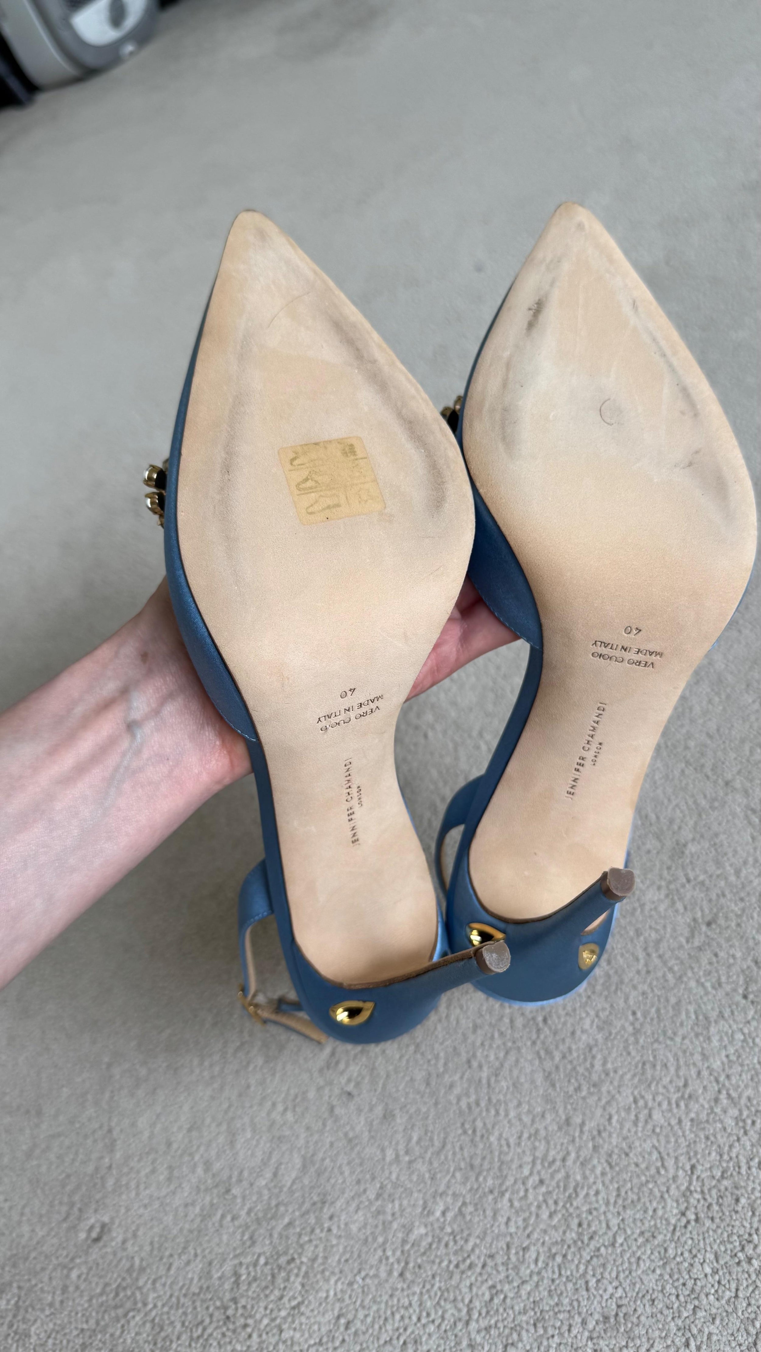 Jennifer Chamandi Embellished Light Blue Satin Slingback Sandals
