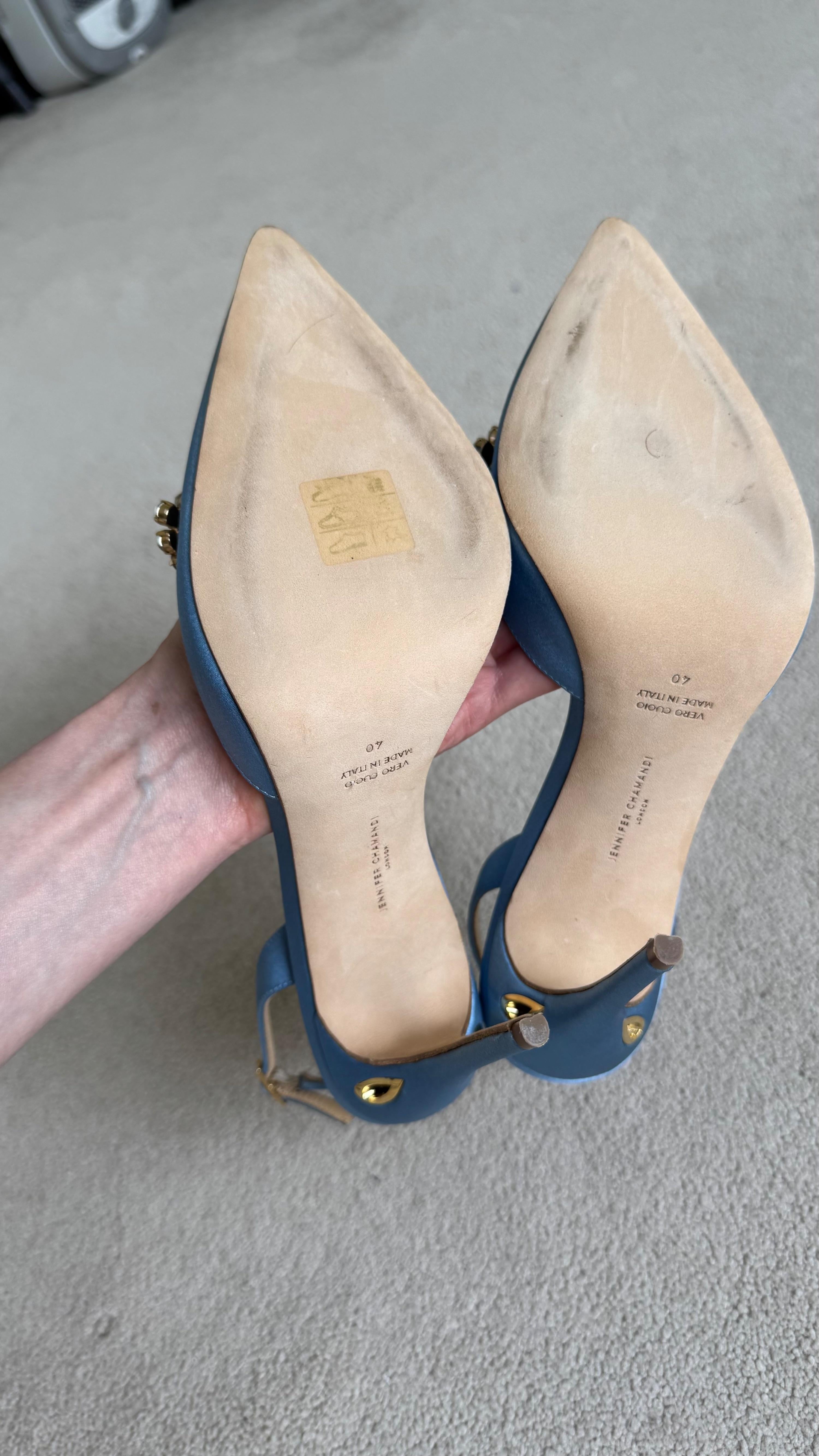 Jennifer Chamandi Embellished Light Blue Satin Slingback Sandals