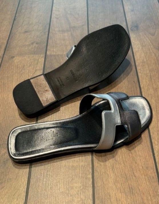 Hermes Black Leather Oran Sandals