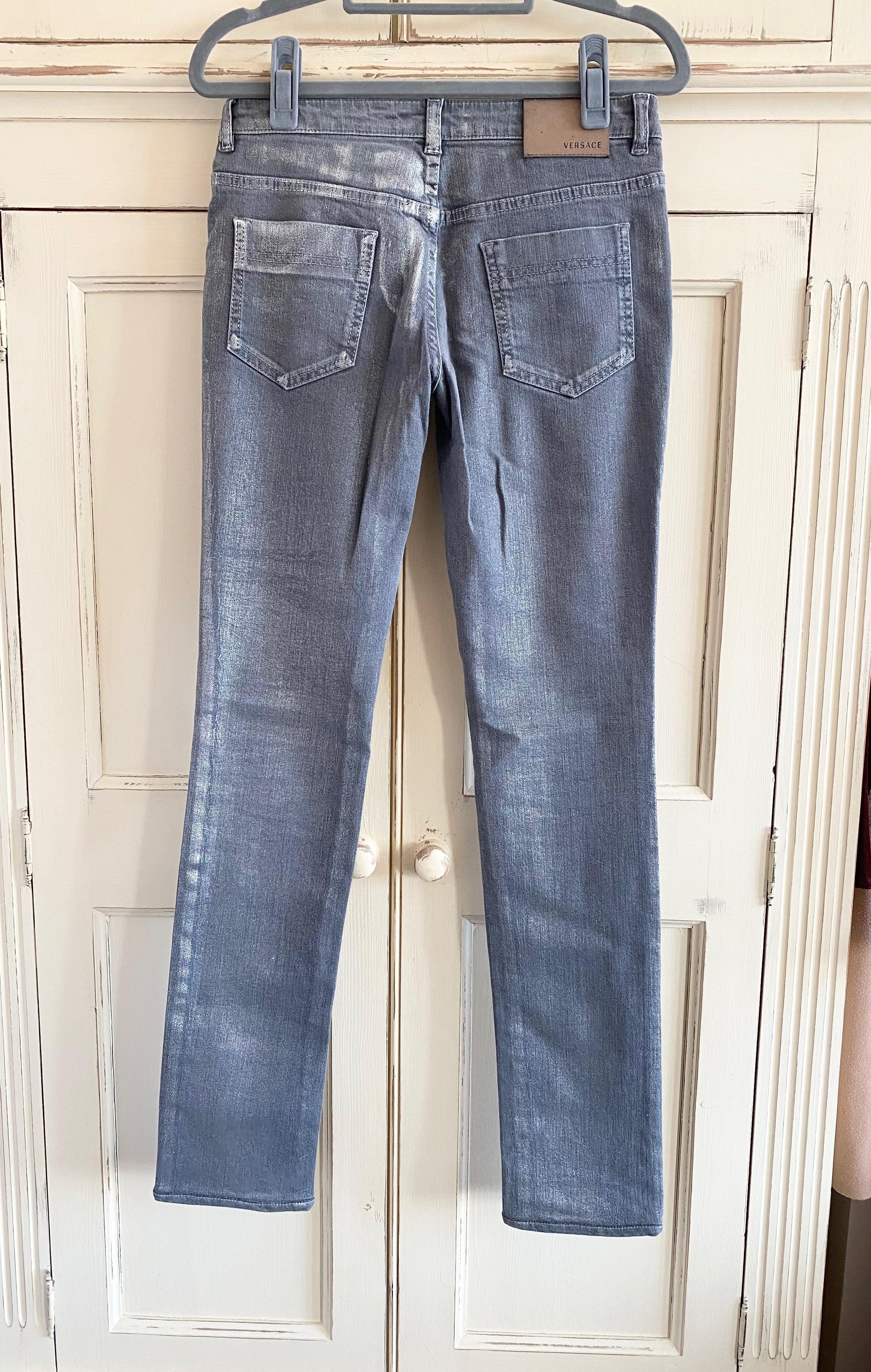 Grey silver coated straight leg jeans