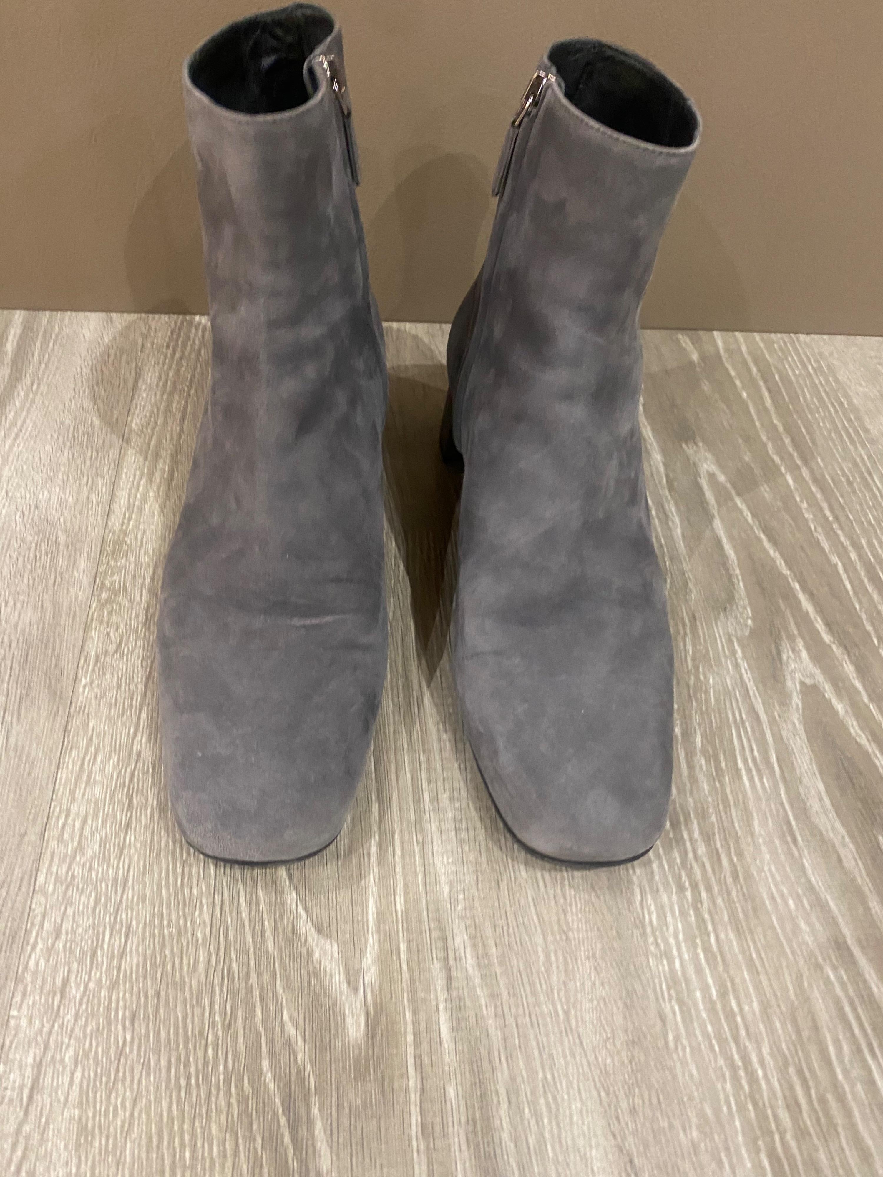 Grey Suede Plaque Heel Ankle Boots