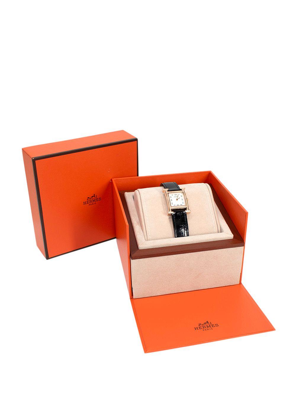 Hermes Black Alligator and Diamond Heure H Watch with Rose Gold Hardware