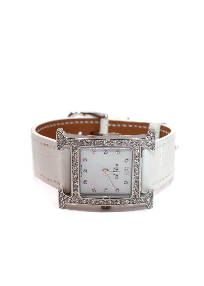 Hermès White Heure H Watch in Matte Chantilly Alligator with Diamonds