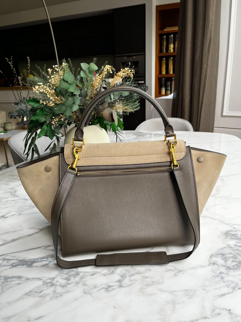 Beige Crocodile Embossed Trapeze Bag