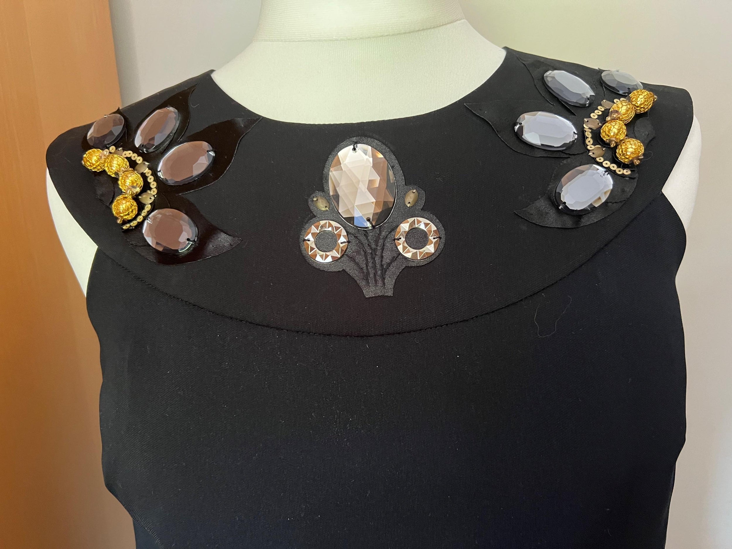 Black crepe embellished neckline shift dress