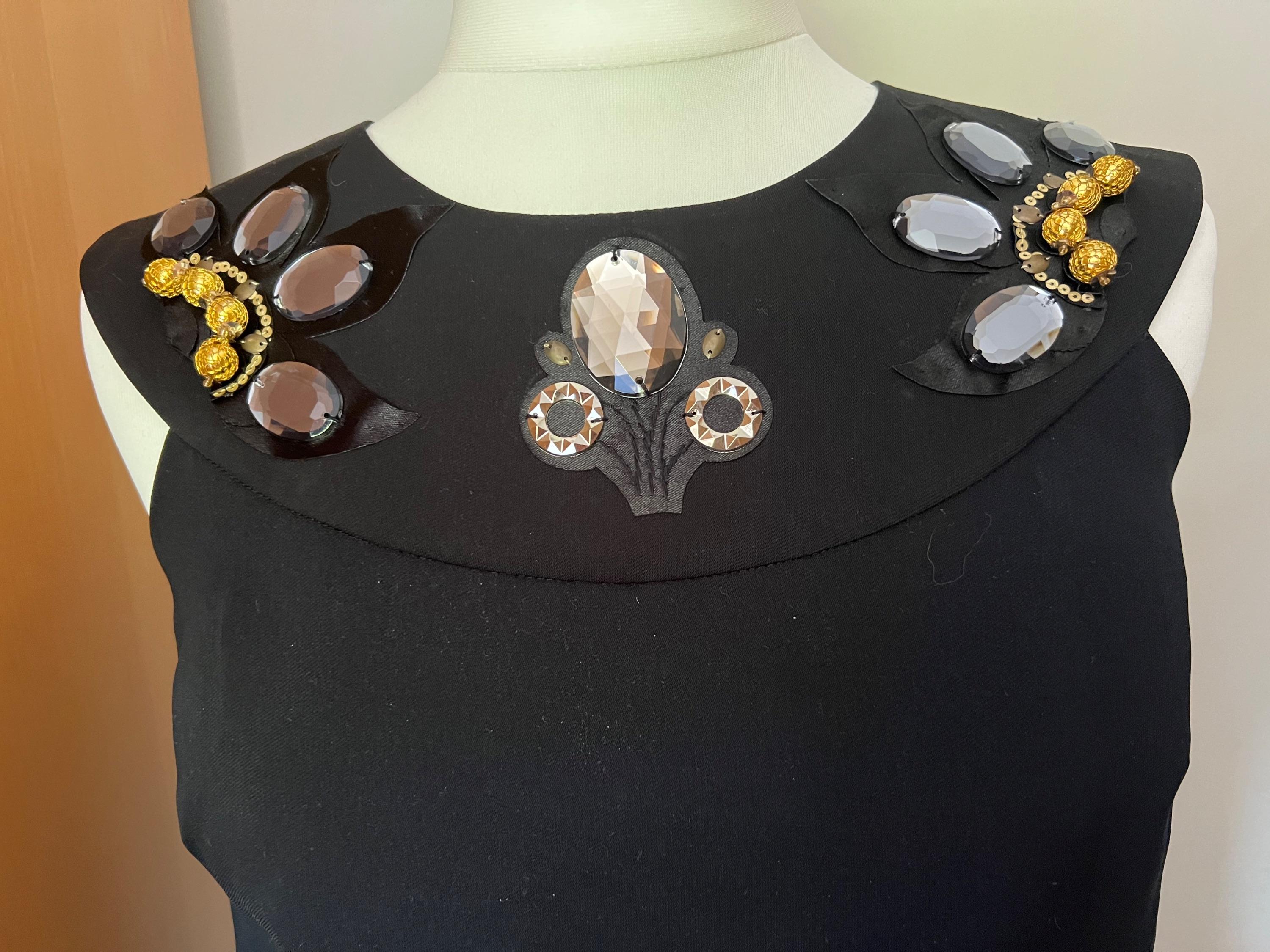 Black crepe embellished neckline shift dress