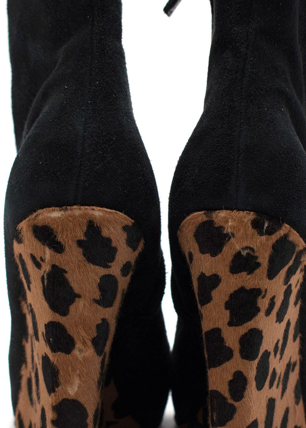 Giuseppe Zanotti Black Suede Wedge Ankle Boots Leopard Print Heel