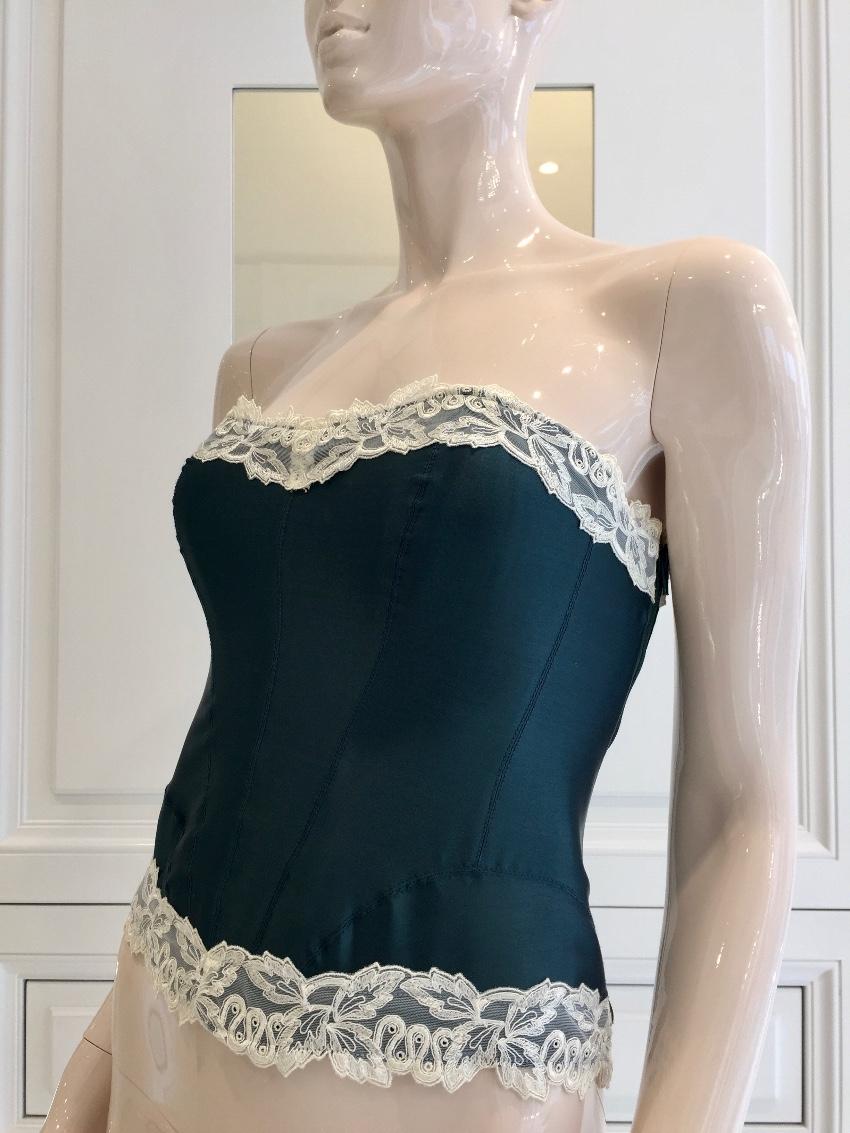 Millesia Couture Forest Green Silk & Calais Leavers Lace Corset