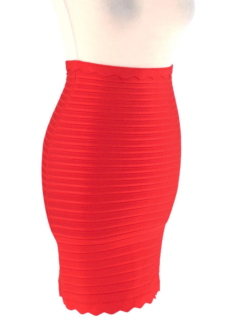 Red Stretch Knit Bandage Skirt with Scalloped Hem