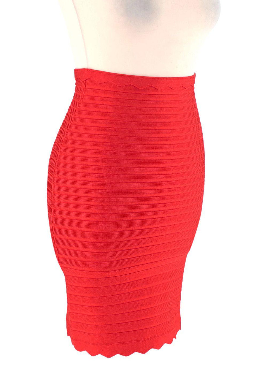 Red Stretch Knit Bandage Skirt with Scalloped Hem